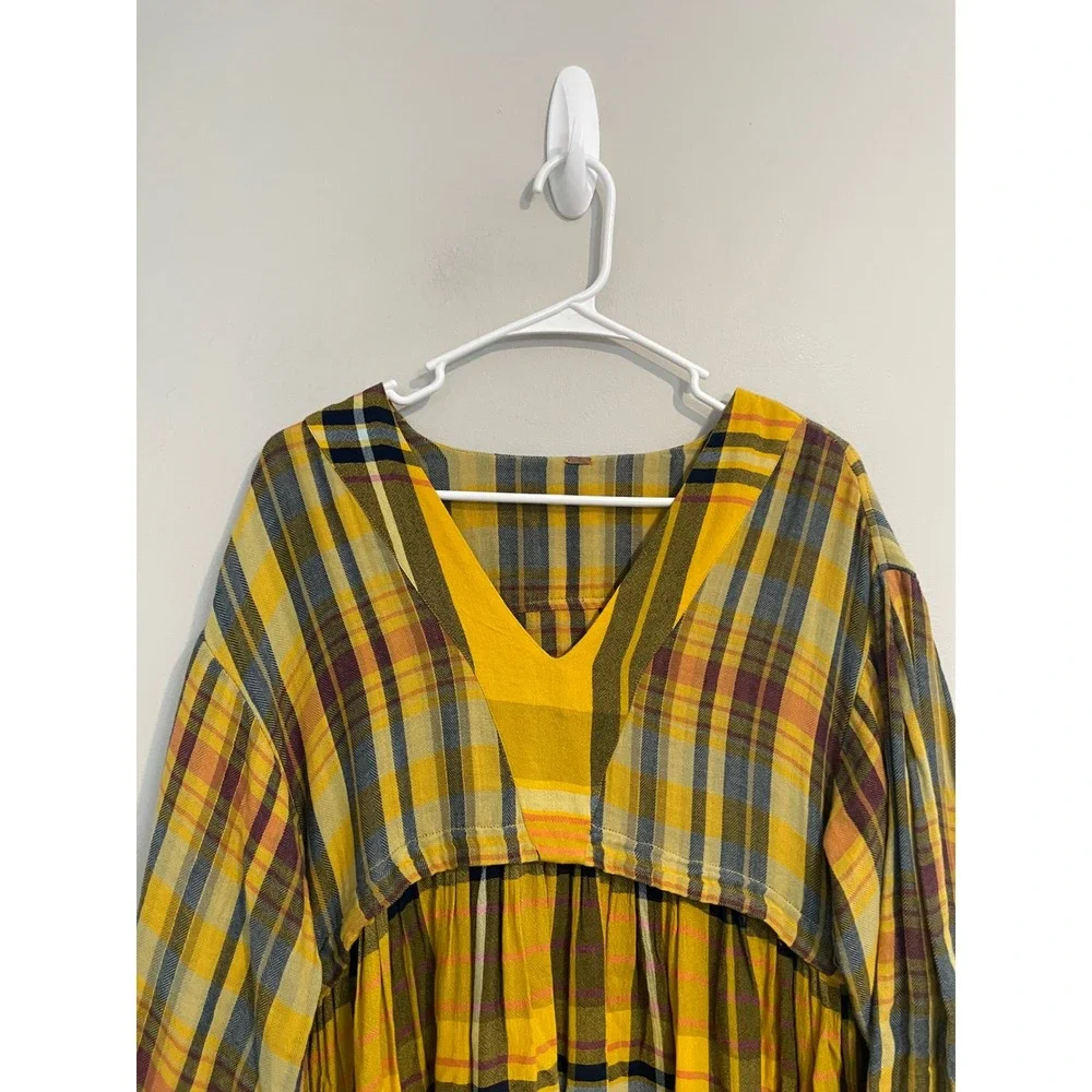Free People Falling Stars Yellow Plaid Mini‎ Dress Size Small Bohemian Casual